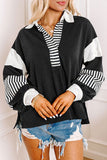 Casual Street Stripe Patchwork Contrast Turndown Collar Tops