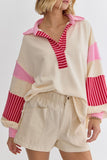 Casual Street Stripe Patchwork Contrast Turndown Collar Tops