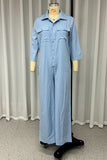 Casual Daily Solid Color Pocket Turndown Collar Loose Jumpsuits