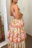 Casual Floral Print Ruffle Strapless Cake Skirt Dresses