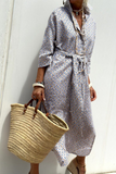 Casual Geometric Print Lace Up Buttons Turndown Collar Shirt Dresses(5 Colors)