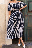 Sexy Street Striped Print Without Belt Contrast Off Shoulder A Line Dresses(No Belt)