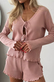 Casual Daily Lace Up Ruffle V Neck Long Sleeve Two Pieces