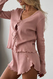 Casual Daily Lace Up Ruffle V Neck Long Sleeve Two Pieces