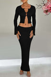 Elegant Buckle Patchwork O Neck Long Sleeve Two Pieces(3 Colors)