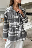 Casual Plaid Lace Up Buttons Contrast Gross Turndown Collar Outerwear