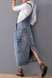 Casual Ripped Pocket Backless Slit Spaghetti Strap SleevelessDenim Dresses