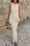 Elegant Fringed Trim O Neck Sleeveless Two Pieces