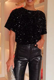 Casual Solid Color Sequins Sequined O Neck T-Shirts