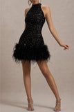 Sexy Party Sequins Zipper Feather Hemline Halter Evening Dresses