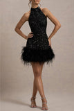 Sexy Party Sequins Zipper Feather Hemline Halter Evening Dresses