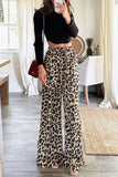 Casual Leopard Pocket Lace Up Loose High Waist Wide Leg Full Print Bottoms