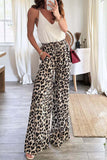 Casual Leopard Pocket Lace Up Loose High Waist Wide Leg Full Print Bottoms