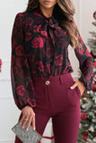 Elegant Flowers Lace Up Contrast Tie Neck Blouses(3 Colors)