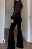 Sexy Patchwork See-Through Velvet O Neck Regular Jumpsuits