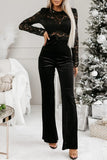 Sexy Lace Patchwork Backless Velvet O Neck Regular Jumpsuits(No waist belt)