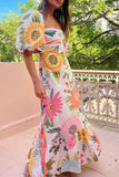 Vacation Elegant Floral Print Patchwork Contrast Square Neck A Line Dresses(3 Colors)