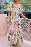 Vacation Elegant Floral Print Patchwork Contrast Square Neck A Line Dresses(3 Colors)