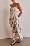 Elegant Landscape printing Contrast Square Neck Sling Dresses