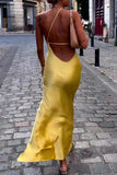 Sexy Backless Slit Sloping Shoulder Long Dresses