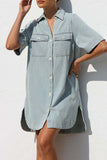 Casual Distressed Buttons Turndown Collar Short Sleeve Loose Denim Dresses