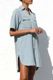 Casual Distressed Buttons Turndown Collar Short Sleeve Loose Denim Dresses