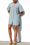 Casual Distressed Buttons Turndown Collar Short Sleeve Loose Denim Dresses