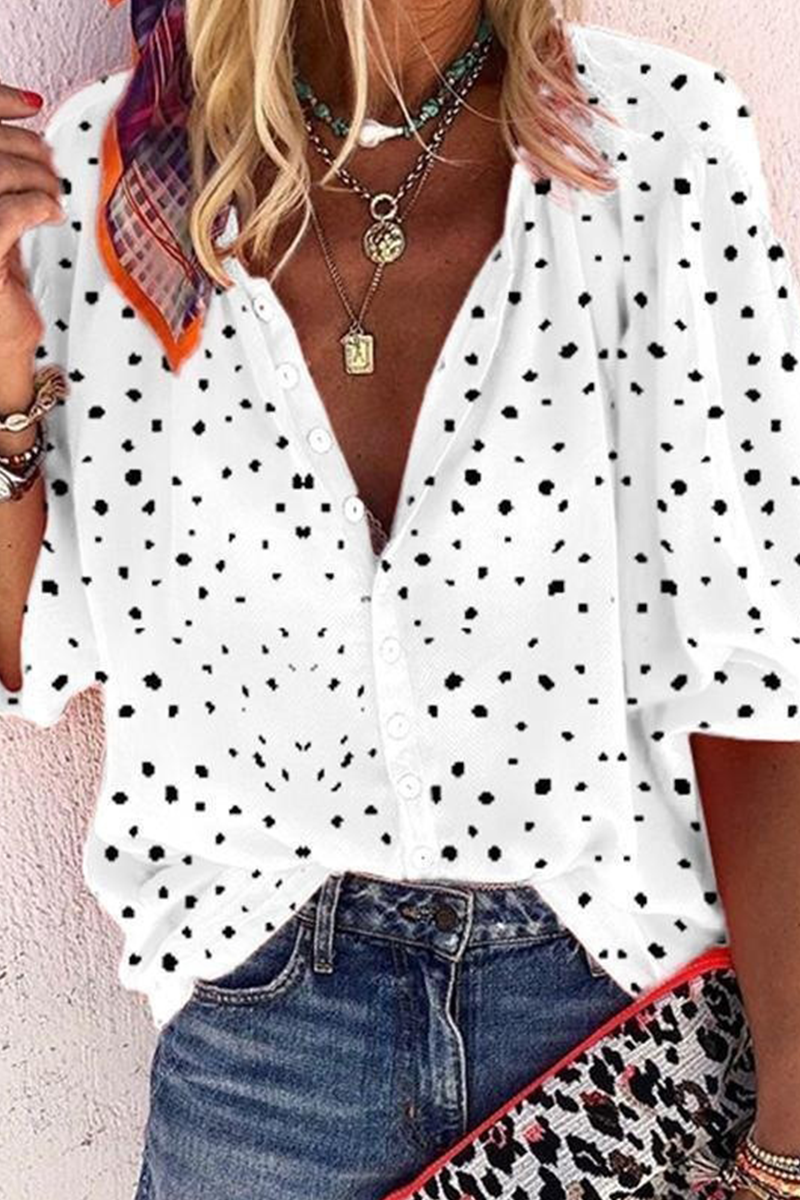 Casual Print Patchwork Turndown Collar Mid Waist Blouses(4 Colors ...