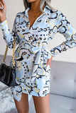 Fashion Print Patchwork Turndown Collar Waist Skirt Dresses