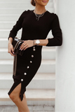 Street Solid Buckle O Neck Pencil Skirt Dresses